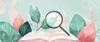 Open book with magnifying glass on illustrated colorful foliage background