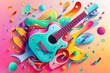 festival music festival theme poster with 3D musical text, guitar Artistic background Vector illustration Online shopping