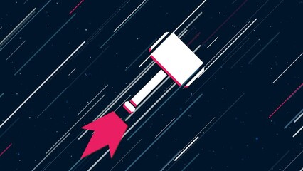 Wall Mural - Sledgehammer symbol flies through the universe on a jet propulsion. The symbol in the center is shaking due to high speed. Seamless looped 4k animation on dark blue background with stars
