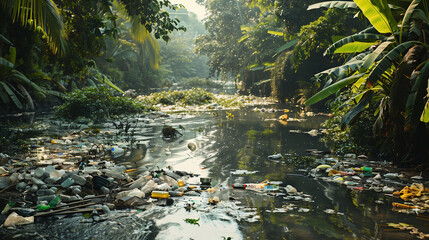 River filled with trash and plastic ecological disaster. environmental pollution