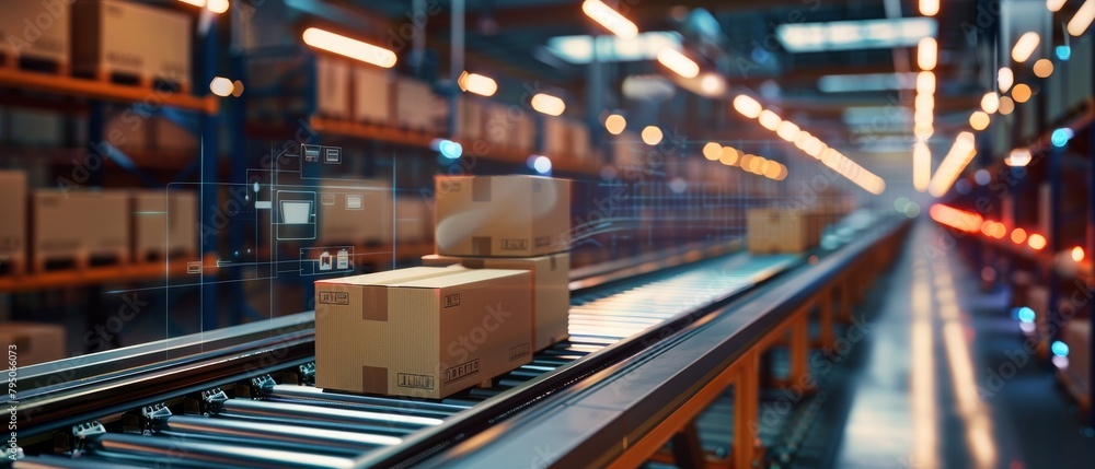 Automated warehouse with cardboard boxes on conveyor belts and digital ...