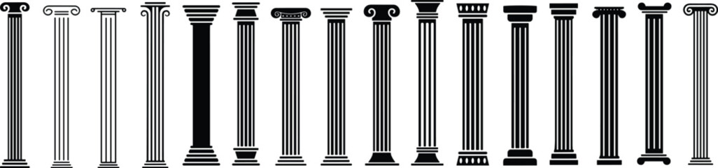 Ancient pillar or Columns vector icons set. Elegant classic roman, Greek architecture line and silhouette column.