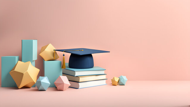 a blue cap with a gold tassel sits on top of a stack of books. pink background, creating a sense of 