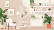White shelving unit with decor and houseplants in sty