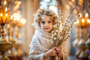 Palm Sunday. Christianity. Portrait of a three-year-old girl in a Russian folk shawl with willow branches in her hands against the background of an Orthodox church.