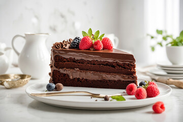 Wall Mural - Chocolate cake with fresh berries on a white kitchen countertop.