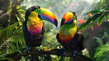 Tropical rainforest birds: toucans in full view. Colorful feathers.