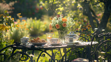 Wall Mural - A charming picnic spot in a sunlit garden, with a vintage wrought iron table set with delicate china, silverware, and fresh flowers, creating an elegant and inviting atmosphere for a leisurely meal.