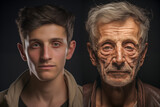 Fototapeta Most - The photo on the left depicts  young man face extreme wrinkles while the photo on the right reveals a significant glowing skin.