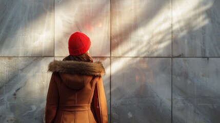 Canvas Print - A woman in a red hat standing next to a wall, AI