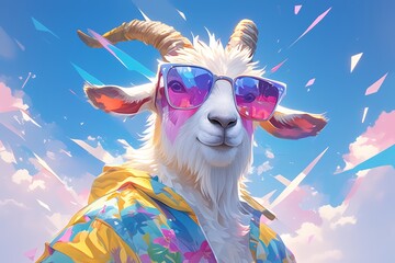 A colorful goat with sunglasses, colorful fantasy with vibrant colors 