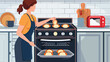 Woman taking baking tray with buns from oven in kitch