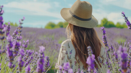 Wall Mural - the tranquility of a purple lavender flowers field through the lens of an HD camera, where a happy woman with long hair and a hat enjoys a peaceful walk. The scene exudes natural beauty and joy.