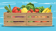 Wooden box with fruits and vegetables illustration in