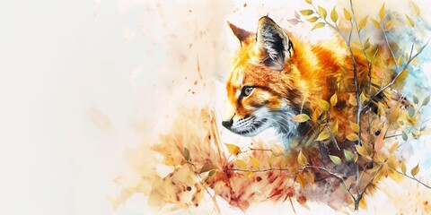 Wall Mural - watercolor painting style illustration of fox in autumn field, Generative Ai