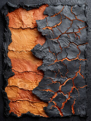 Wall Mural - A black and orange piece of art with a lot of cracks and holes. The cracks and holes give the piece a sense of destruction and chaos. The orange and black colors contrast with each other