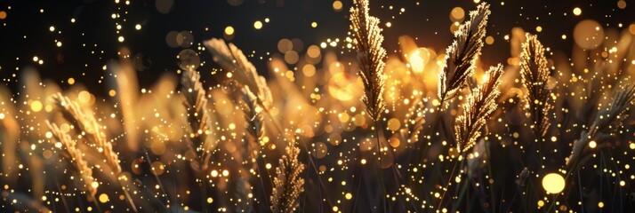 Wall Mural - abstract golden grasses with sparkling lights on dark background