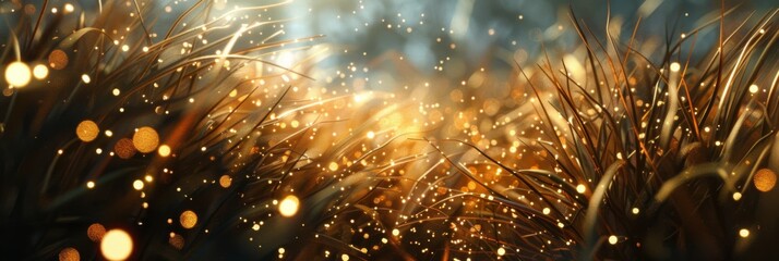 Wall Mural - abstract golden grasses with sparkling lights on dark background