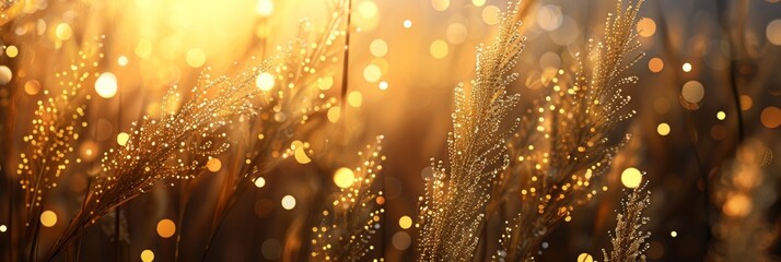 Wall Mural - abstract golden grasses with sparkling lights on dark background