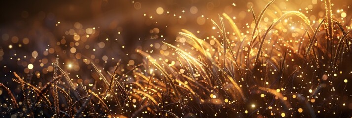 Wall Mural - abstract golden grasses with sparkling lights on dark background