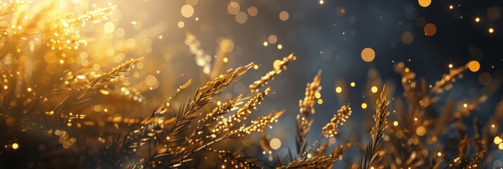 Wall Mural - abstract golden grasses with sparkling lights on dark background