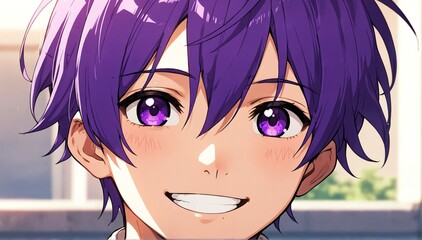 cute anime purple hair school boy smiling close-up portrait from Generative AI