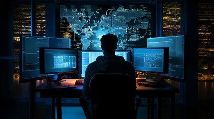 Leinwandbilder - A silhouette of a software engineer typing code on a computer screen in a dark office.