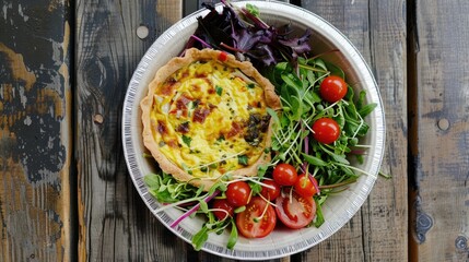 Sticker - A plant based salad and quiche served on a disposable plate