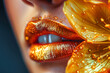 Macro female golden lips with bright orange flower petals, natural female beauty cosmetology concept