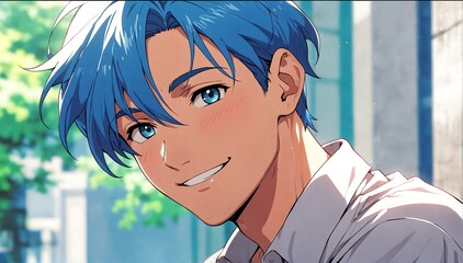 Poster - handsome anime blue hair mature guy smiling close-up portrait from Generative AI