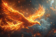 The phoenix rises from the ashes, with its wings spread wide and glowing golden feathers shining brightly against an epic background. Created with Ai