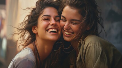 Wall Mural - Two friends embracing, their smiles conveying the unspoken language of friendship and support.