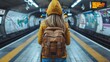 A woman with a backpack standing in the subway station, AI