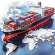 Container ship on the world map illustration. 
