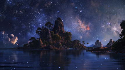 a surreal dreamscape where islands float amidst a sea of stars, their shores aglow with the shifting