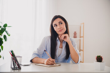 Wall Mural - Portrait of pretty lady write notepad think desktop white interior home office indoors