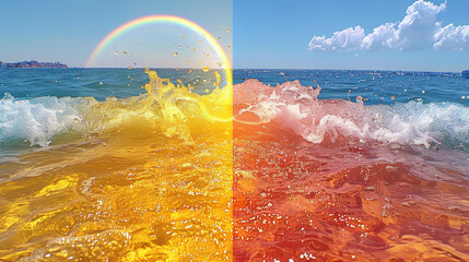 Wall Mural - Two different colors of water, one is yellow and the other is red. The yellow water is in the left side of the image and the red water is in the right side