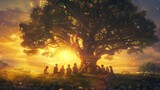 Fototapeta  - A group of children sitting under a large tree, each with a book, taking turns to narrate stories as the sun sets calmly