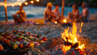A cheerful beachside barbecue with friends, as savory skewers of seafood and colorful grilled vegetables sizzle over an open flame.