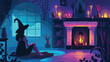 Young witch performing ritual at home Vector illustration