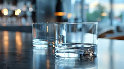 Poster - Two glasses of water sitting on a table in front of some windows, AI