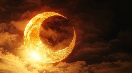 Wall Mural - eclipse: a 3d illustration of a partial solar eclipse, with the moon covering only a portion of the 