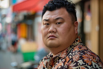 Sticker - A man with a big face and a floral shirt is standing on a sidewalk