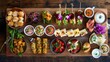 Assorted finger foods arranged on a rustic wooden board, creating a casual and inviting atmosphere