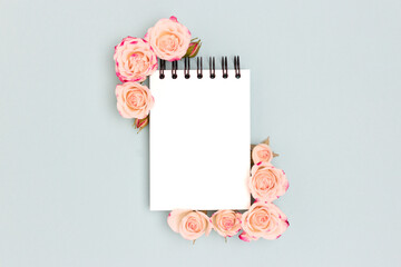 Wall Mural - empty notepad mock up. pink rose flowers on a blue background. floral concept.