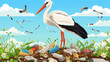 stork made a nest out of garbage. Environment pollution problem.