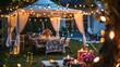 Backyard party backdrop with a tent and string lights for July 4th