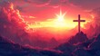 A cross is on top of a mountain with the sun setting behind it, AI