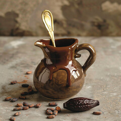 Wall Mural - A Jug of Molten Chocolate with a Brass Spoon: Luxurious and Rich for Gourmet Creations