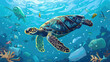 Turtle in ocean among garbage - bottle, glass, light bulb, mask, package, glass. Stop ocean plastic pollution. Ecological problem